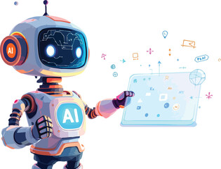 Cute ai robot displaying data and information on a transparent digital screen concept.
