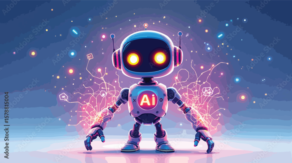 Poster friendly ai robot character surrounded by glowing lights representing artificial intelligence and te