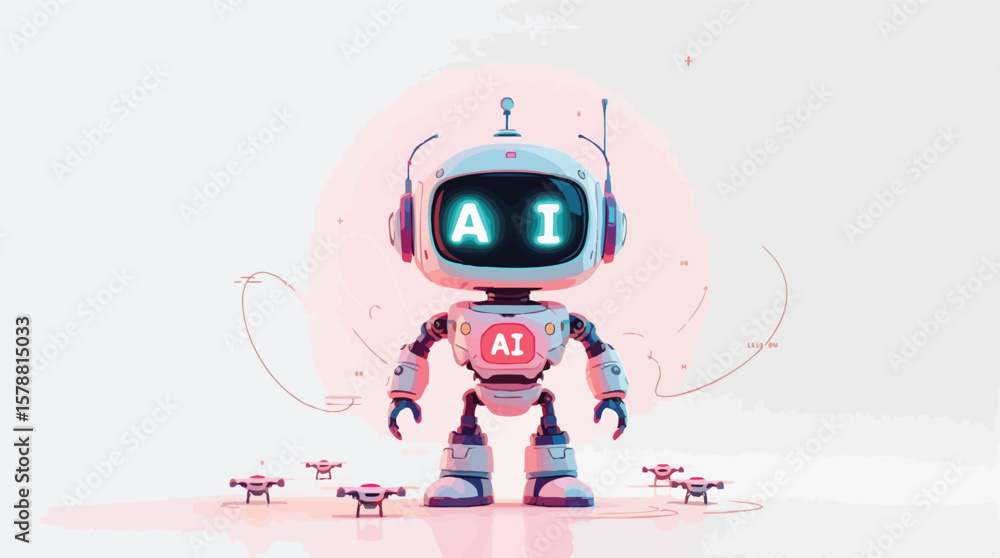 Poster friendly ai robot with drones representing artificial intelligence technology and future innovation.