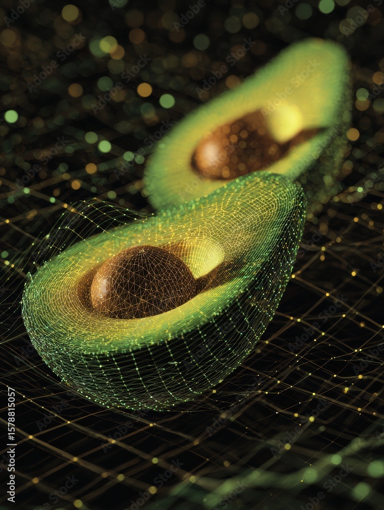 Poster digital mesh of avocado halves displayed over a light grid creating a futuristic ambiance with clean