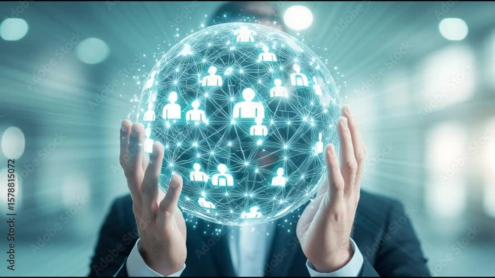 Poster a person holding a glowing network of connected individuals, symbolizing global connection and digit
