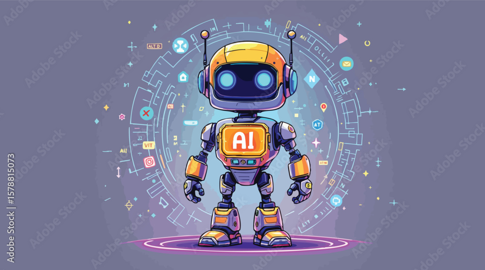 Poster friendly and intelligent cartoon robot representing artificial intelligence and futuristic technolog