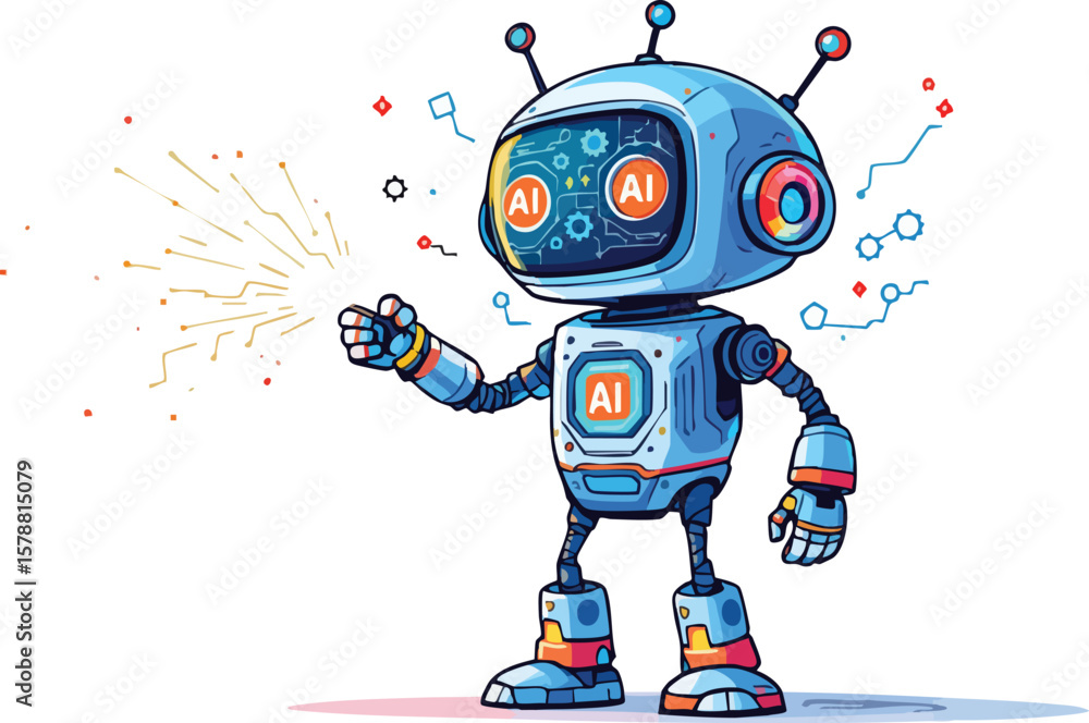 Poster friendly cartoon robot demonstrating artificial intelligence and digital technology features.
