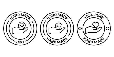 Handmade Product Badges with Hand Holding Heart Icon and 100 Percent Pure Labels Outline Vectors