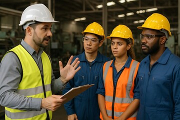 Safety briefing on factory floor with manager explaining precautions to workers, wearing helmets and reflective vests, promoting workplace safety