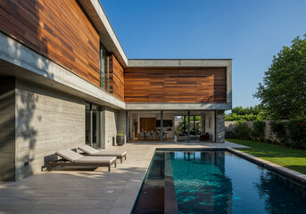 A towering modern building with a facade of glass and steel, dramatically reflecting the clear blue sky and distant clouds