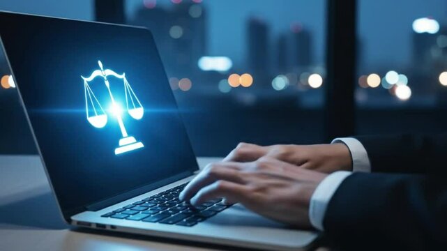A person types on a laptop displaying the scales of justice, symbolizing online legal services and digital law