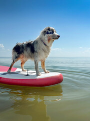 Aussie Australian Shepherd dog in blue marble color floats glove SUP board in sea, vertical photo