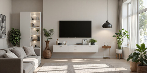 Living room Interior Plants modern living room with beige sofa TV wall shelf potted plants and large window