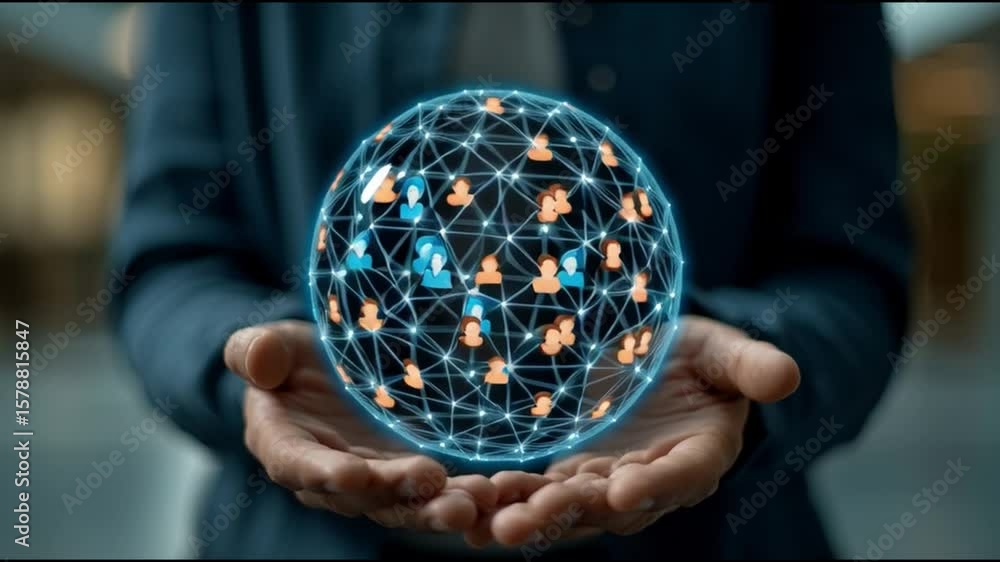Poster a person holds a network sphere representing a global community connection