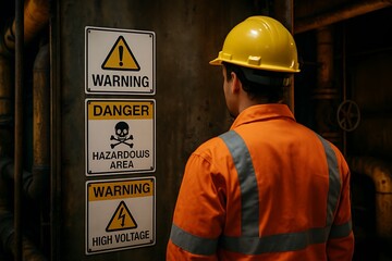 Construction worker standing near hazardous area signs, reviewing danger and high voltage warnings in an industrial environment