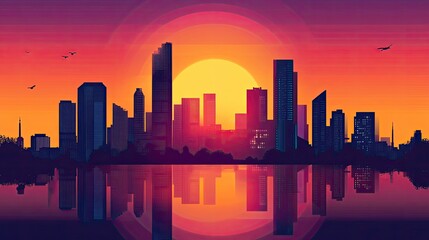 Fototapeta premium The stock photo shows a vector illustration of a city skyline dominated by skyscrapers.