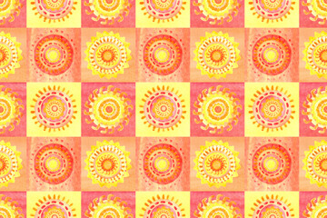 Seamless patchwork pattern with watercolor suns. Summer watercolor background.