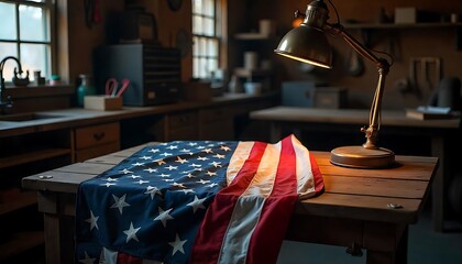 Labor Day Workshop Scene – American Flag, Wrenches & Wooden Work Table

Patriotic Labor Day Setting – Tools and Flag on Rustic Wood Surface

Wrenches and U.S. Flag – Classic Labor Day Workshop Table S