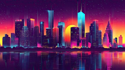 The stock photo shows a detailed vector illustration of a modern cityscape filled with towering skyscrapers.
