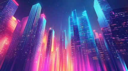 The stock photo shows a vibrant cityscape dominated by towering skyscrapers.