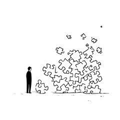 A lone figure contemplating a chaotic pile of puzzle pieces in a minimalist black and white drawing