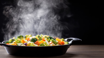 Fresh vegetables sizzling in a cast iron pan, steam rising under soft kitchen lighting.