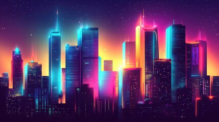 The stock photo shows a vibrant cityscape dominated by towering skyscrapers.