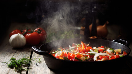Fresh vegetables sizzling in a cast iron pan, steam rising under soft kitchen lighting.