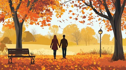 A couple is strolling through a park in this vector illustration.