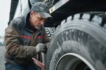 A grizzled mechanic meticulously inspects a large truck tire, carefully checking its condition