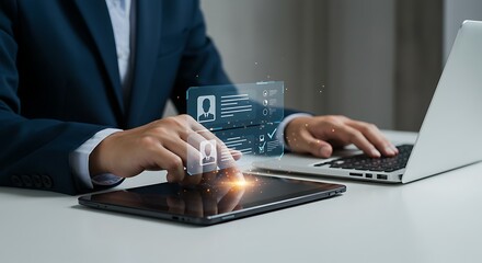 A businessman in a dark suit uses a tablet and laptop interacting with a futuristic holographic interface displaying user profiles and checklists signifying digital management and data analysis
