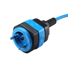Blue and black electrical plug with cord isolated on a transparent background power connector