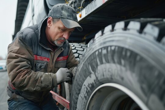 A grizzled mechanic meticulously inspects a large truck tire, carefully checking its condition