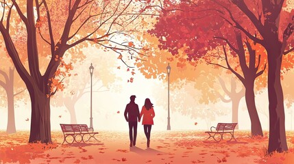 A couple is strolling through a park in a vector illustration.