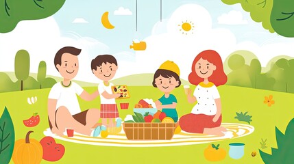 A family enjoys a picnic in a park, as shown in the vector illustration.