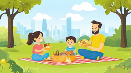 A family enjoys a picnic in a park, as shown in the illustration.