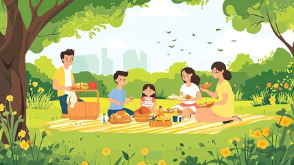 A family enjoys a picnic in a park, as shown in the illustration.