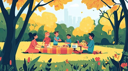 A family enjoys a picnic in a park, as shown in the vector illustration.