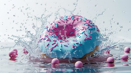 A vibrant donut with pink and blue frosting and sprinkles makes a splash, surrounded by pink candies in the water for a sweet, refreshing treat