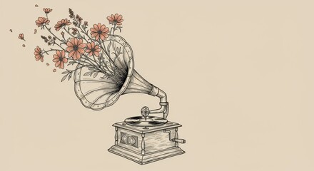 Elegant Line Drawing of Vintage Gramophone with Wildflowers