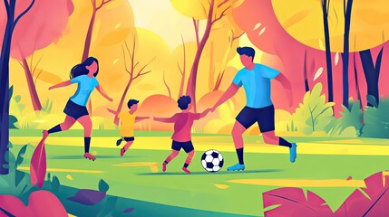 A family is joyfully playing soccer outdoors in a park.