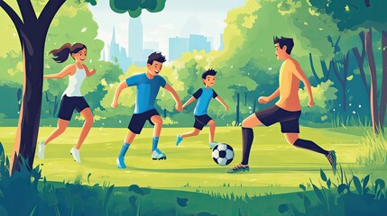A family is joyfully playing soccer outdoors in a vibrant illustration.