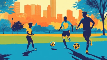 A family is joyfully playing soccer outdoors.