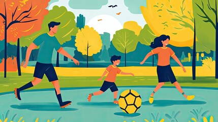 A family is joyfully playing soccer outdoors in a vibrant illustration.