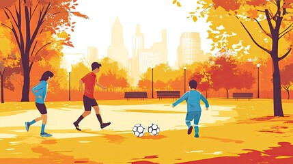 A family is joyfully playing soccer outdoors.