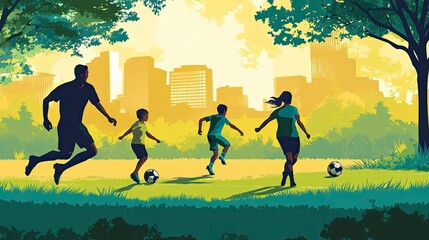 A family is joyfully playing soccer outdoors in a vibrant illustration.