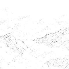 A black and white sketch of a mountain range with a clear sky above and rough terrain below in detail
