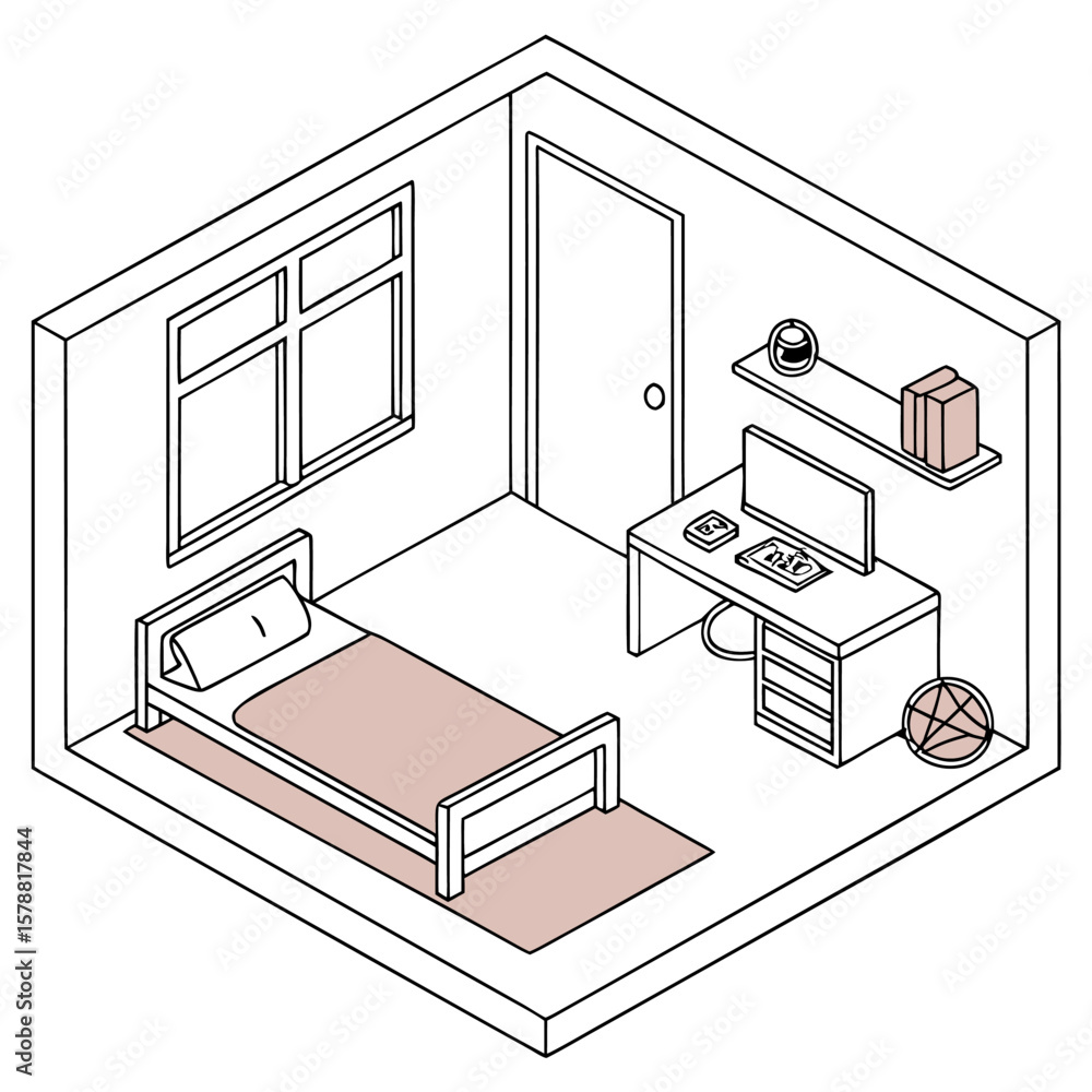 Poster a minimalist isometric line drawing of a simple bedroom featuring a bed desk with computer window do