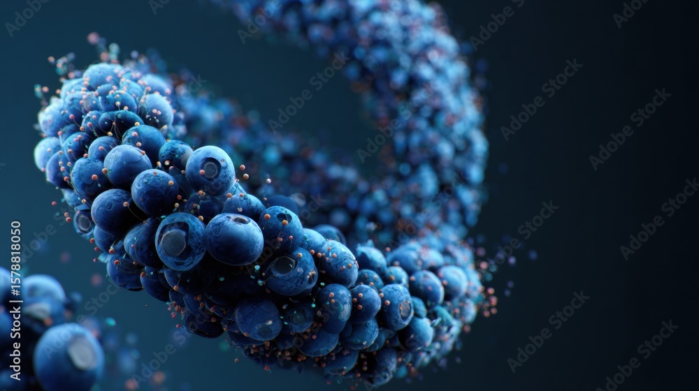 Poster floating 3d blueberries create a mesmerizing helix shape with a futuristic vibe and space for creati
