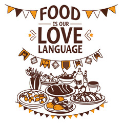 Colorful food display celebrating love language, culinary joy