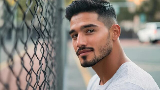 Athletic man with beard smiling at camera. Young adult male with muscles showcasing fitness and confidence.