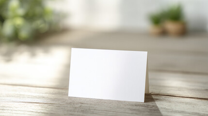 A blank notecard placed on a wooden desk with soft diffused lighting and shallow focus.