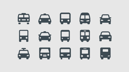 Collection of dark grey car and bus icons isolated on white background