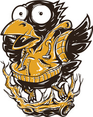 Cartoon illustration vector art drawing of a majestic black eagle mascot with a crown and a flag